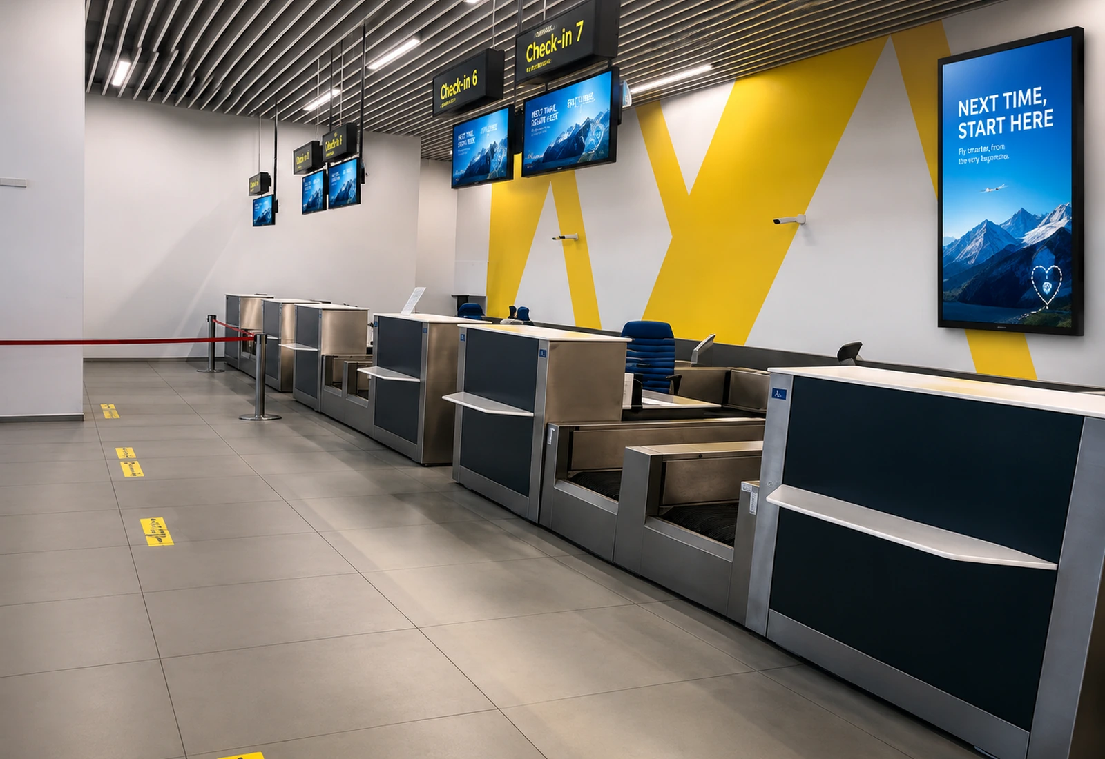 Digital media screens in the check-in area