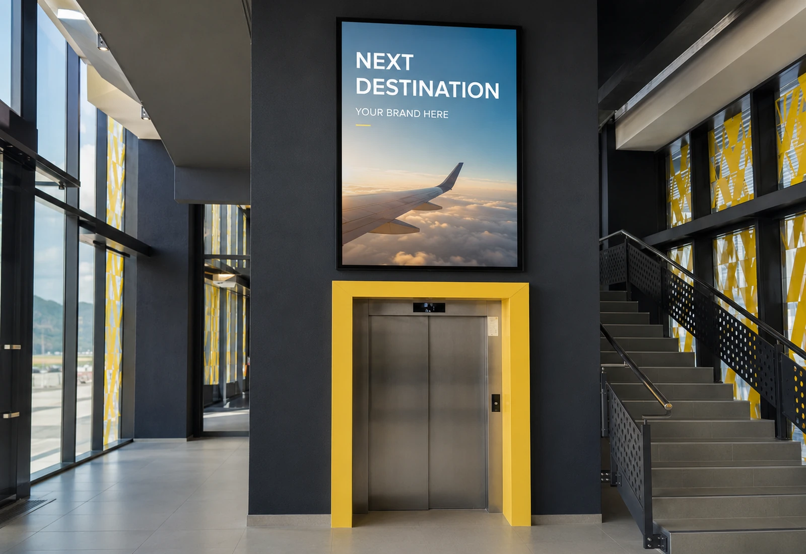 Vertical digital advertising position near the terminal lift