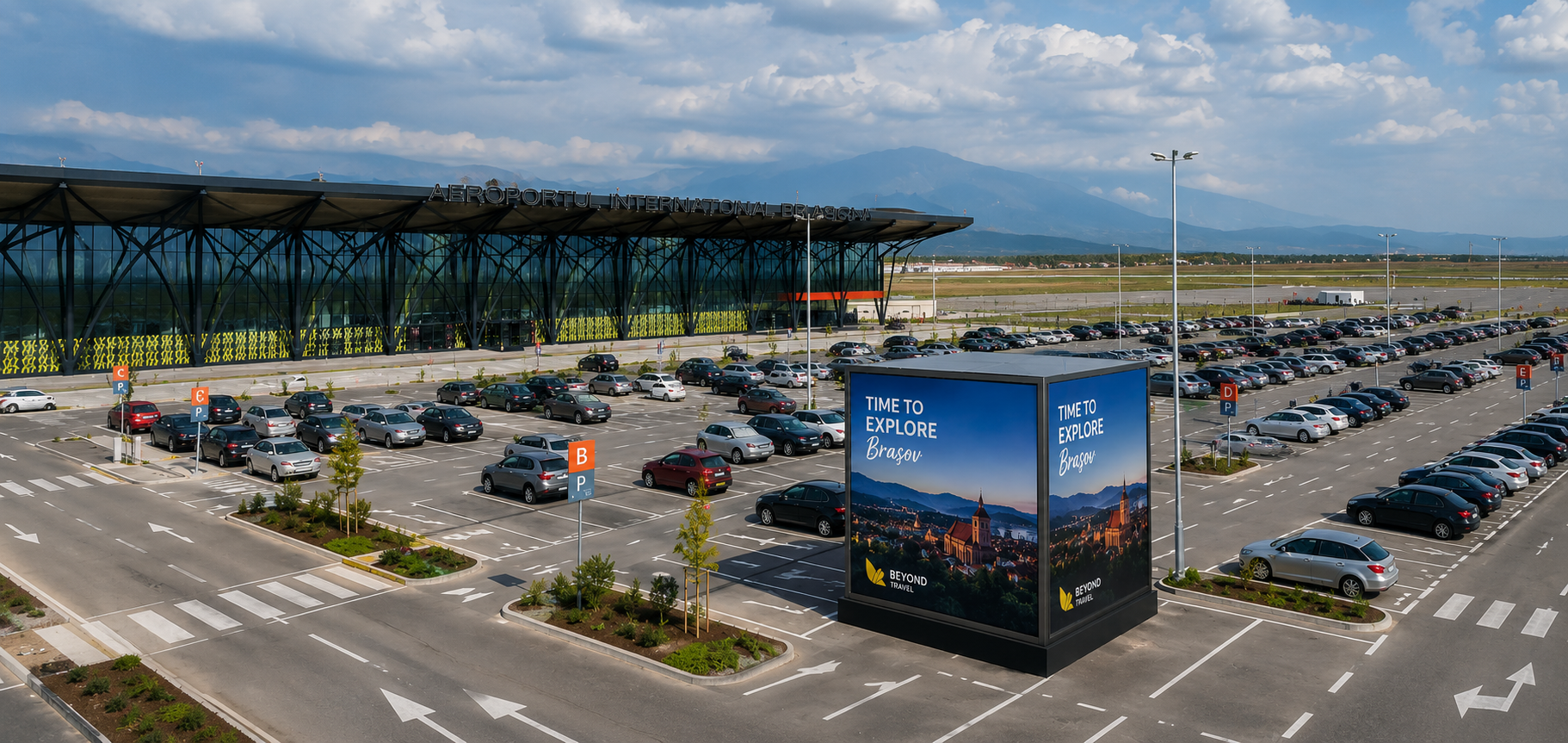 Advertising cube integrated directly into the Brașov Airport parking area
